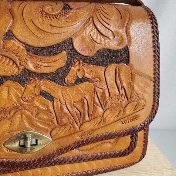 Vtg Mexican Hand Tooled Leather Bag Horses Roses Retro Boho Hippie Artsy Artisan - Picture 4 of 13